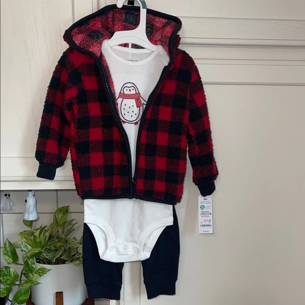 Carters Baby 18M 3PC Plaid Fleece Jacket Penguin Bodysuit Pants Set Red Black